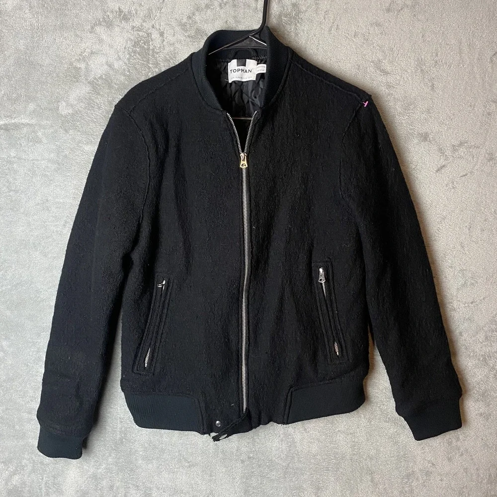 Topman Mens M Black Bomber Jacket Zipper Pockets